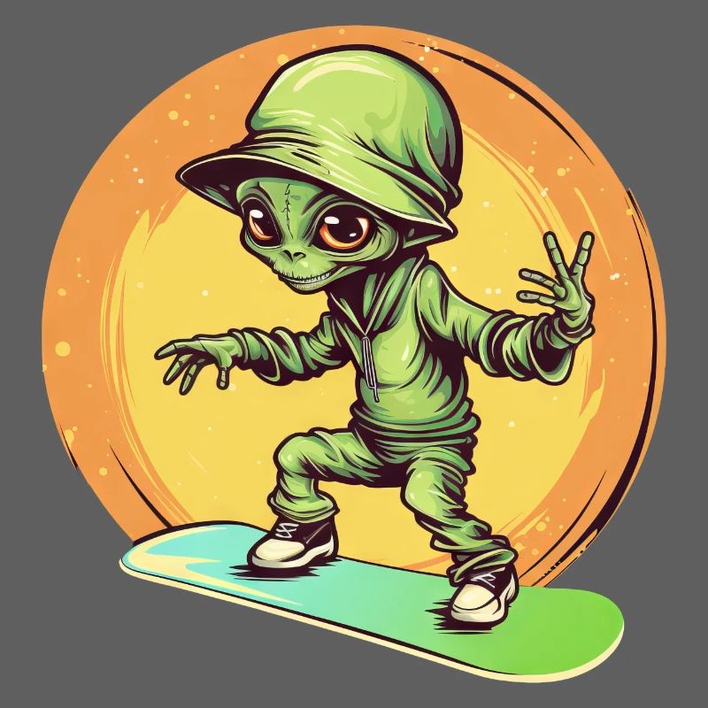 Alien sur le skateboard spatial au coucher du soleil