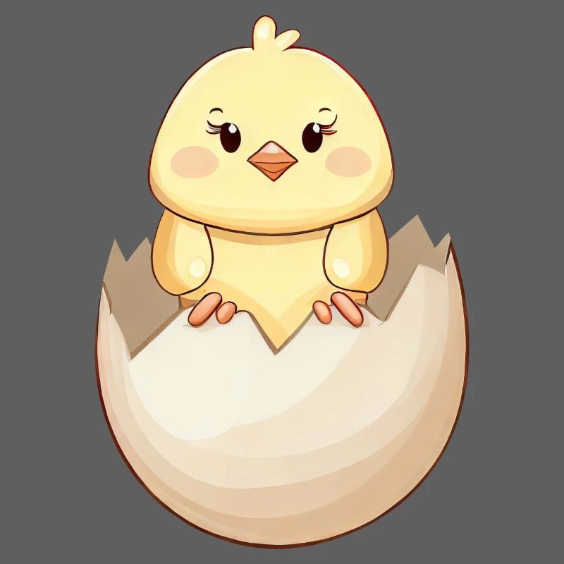 Cute kawaii chick, hatching from eggshell