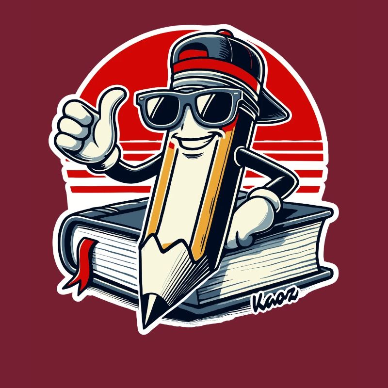 Cooler Bleistift mit Buch und Daumen hoch