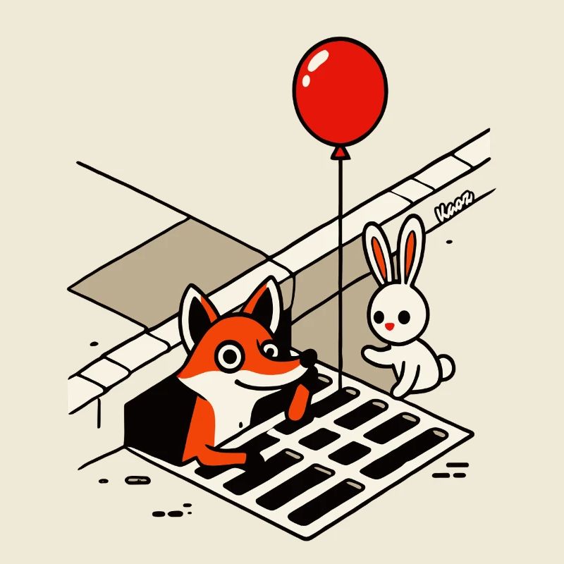 It's funny fox with balloon and rabbit in the drain