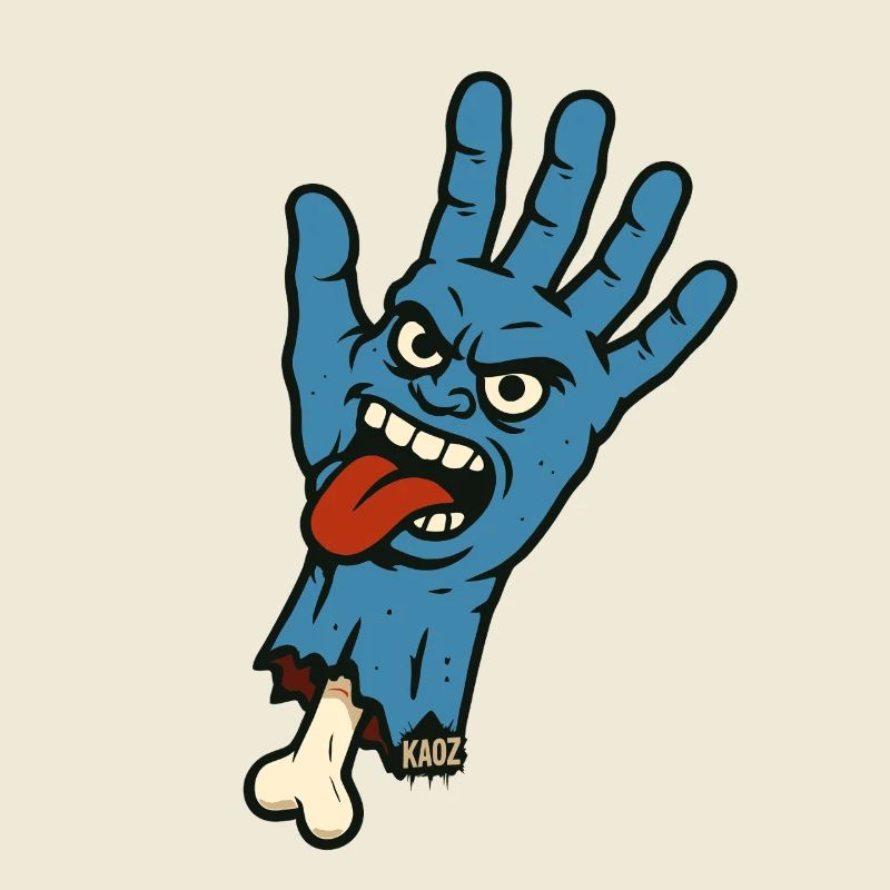 Wilde blaue Hand mit Gesicht und frecher Zunge