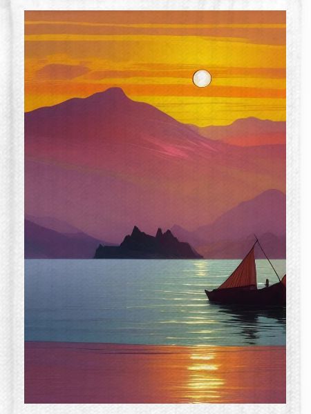 Landschaft mit See, Boot und Berge