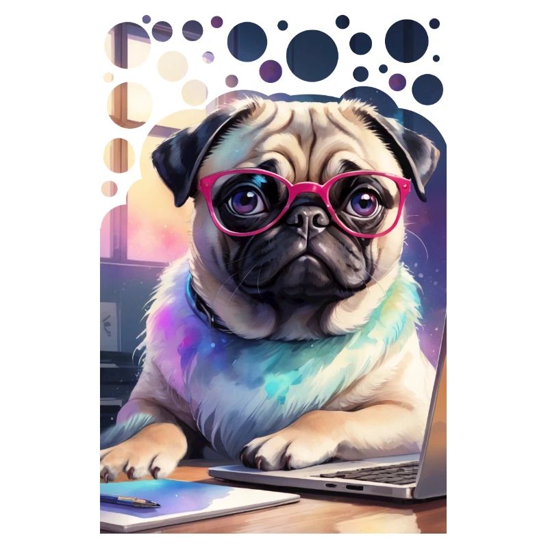 Bürohund Mops mit Laptop und pinker Brille Pop Art