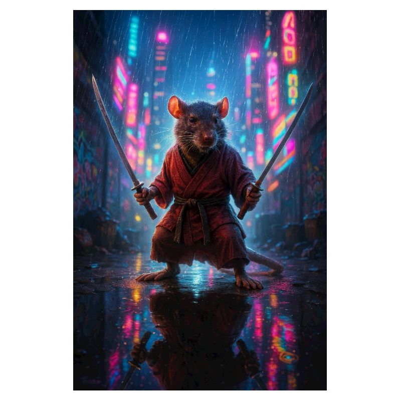 Rat Ninja with Katanas in a Neon Cityscape