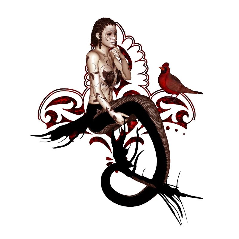 Wunderbare dunkle Meerjungfrau, die in einem Baum sitzt