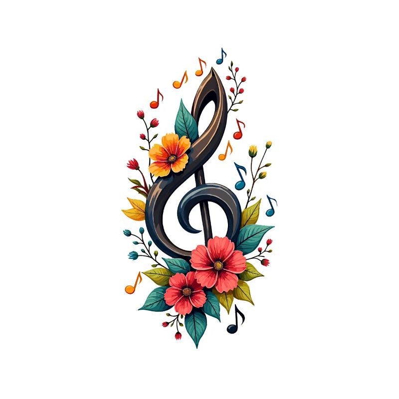 Clé de sol avec des notes colorées et des fleurs