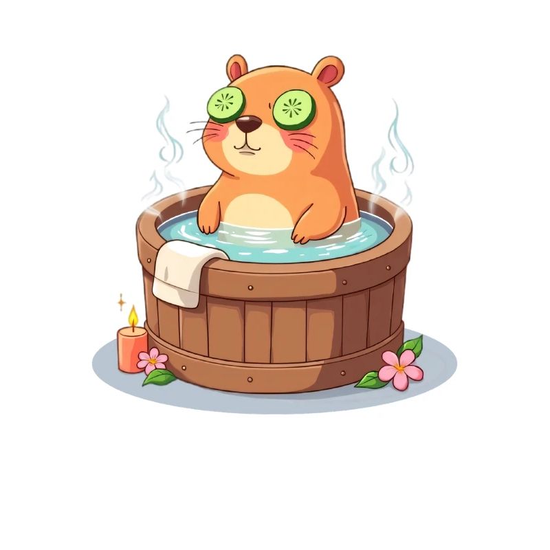 Capybara dans le bain avec des tranches de concombre