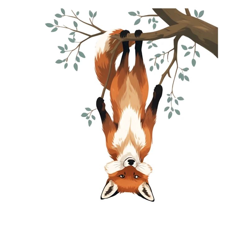 Fox hangs from branch