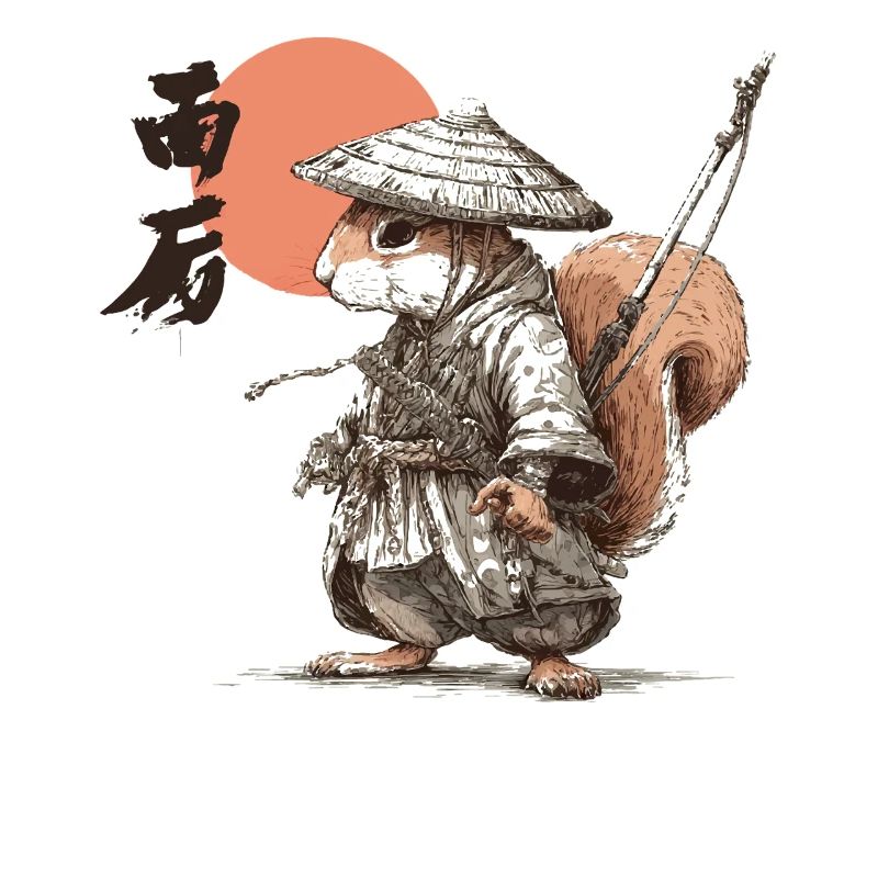 Samurai-Eichhörnchen unter roter Sonne