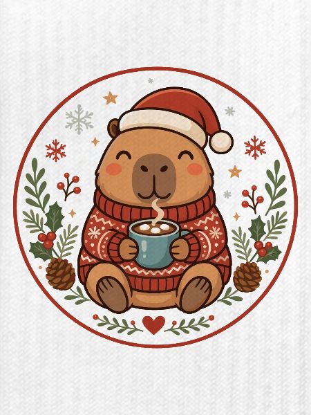 Capybara im Weihnachtspullover und Kakao 
