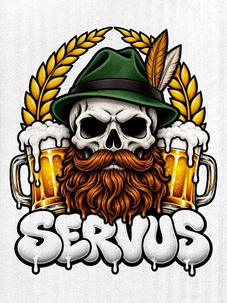 Servus Totenkopf mit Bier und Bart