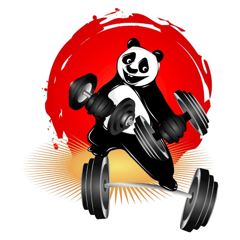 Bodybuilder panda bear with dumbbells while exercising