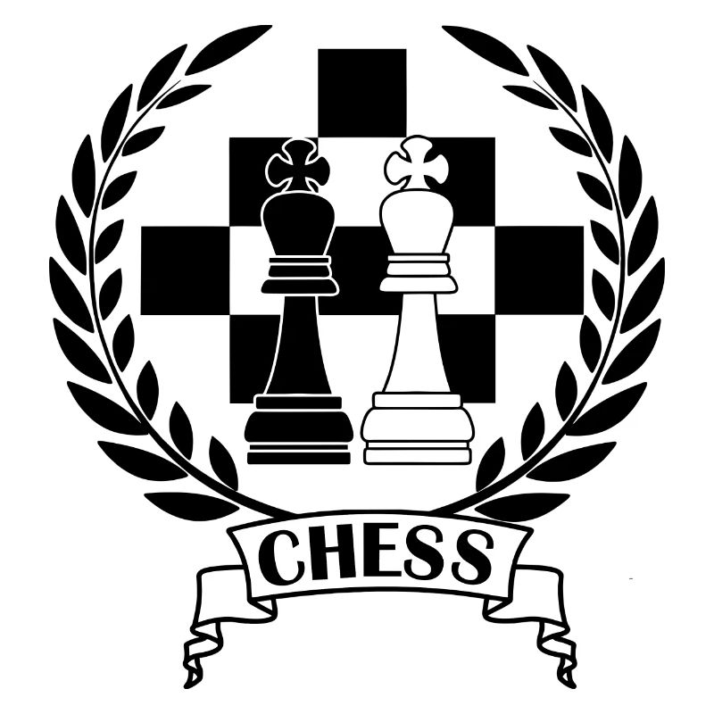 Schachfiguren im Lorbeerkranz mit Text CHESS