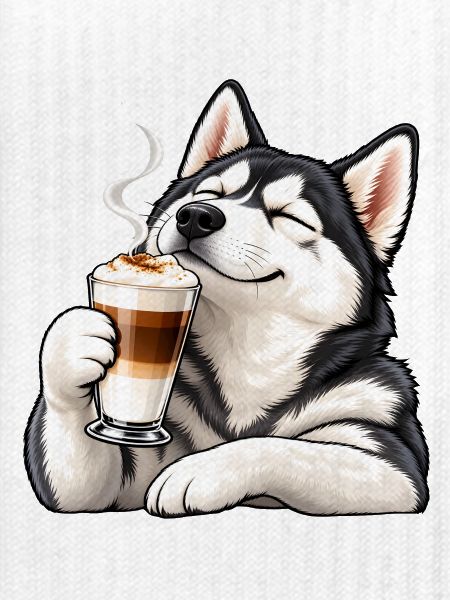 Husky mit Latte Macchiato – Kaffeepause