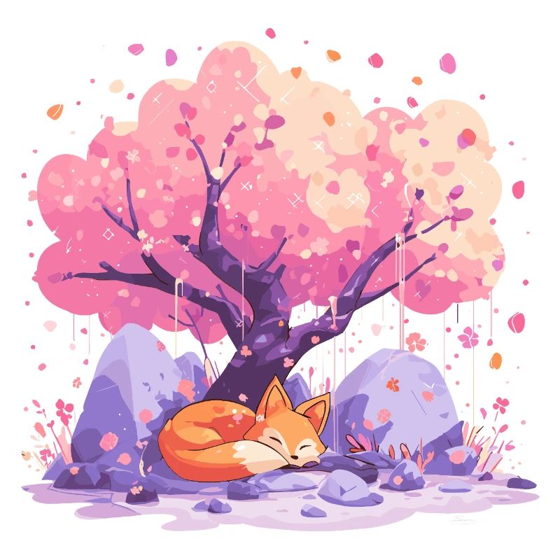 Sleeping fox under cherry tree