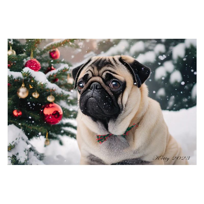 Mignon carlin devant un sapin de Noël enneigé