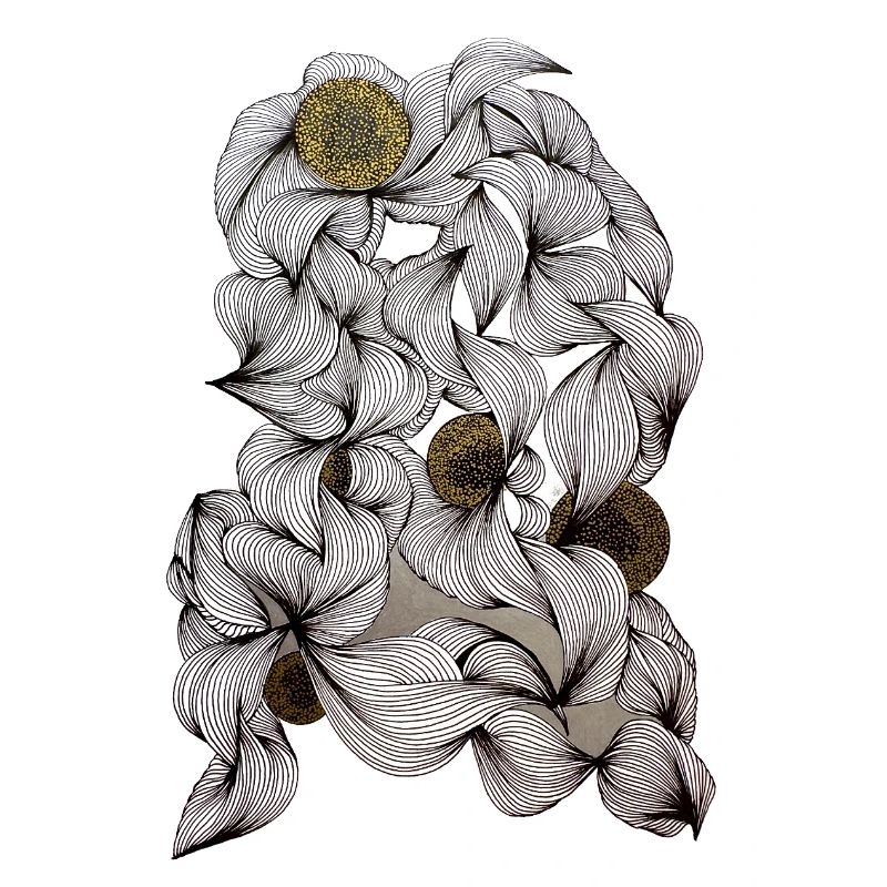 Des fleurs noires et blanches avec un centre doré