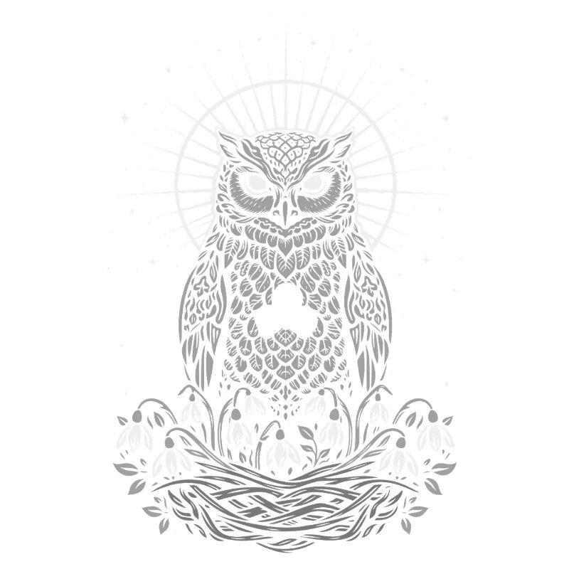 Imbolc Eule mit Triskele und Schneeglöckchen