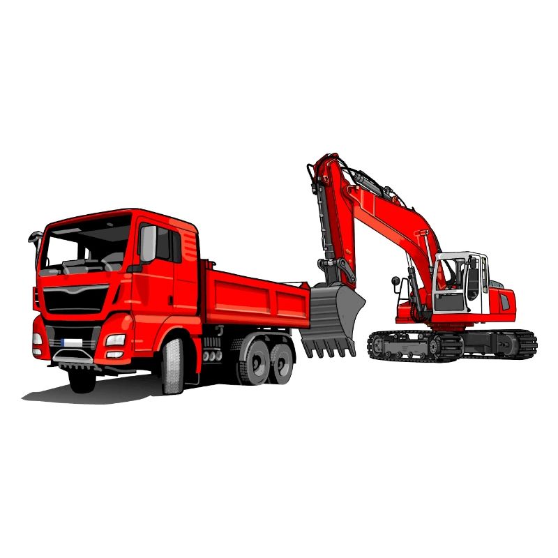 Construction site with excavator and dump truck