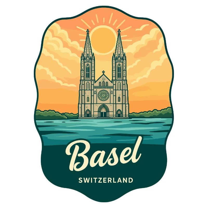 Basel Minster Retro Sonnenuntergangs-Reiseabzeichen