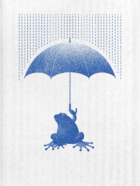 Frosch mit Regenschirm im Regen