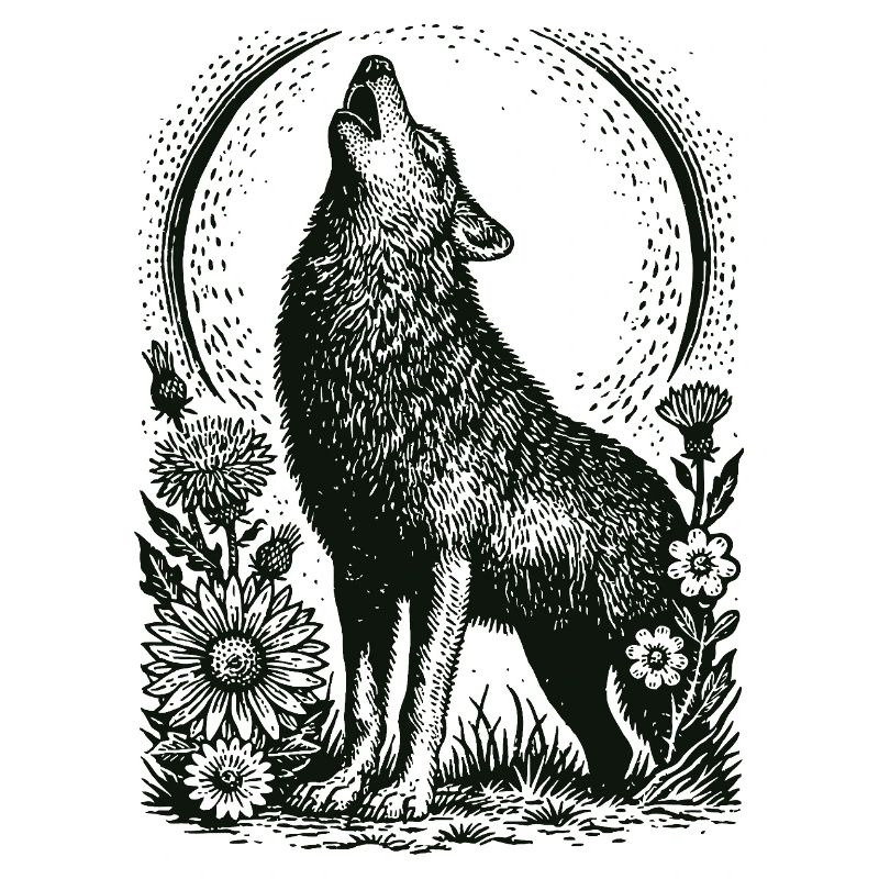 Howling Wolf in Floral Circular Frame