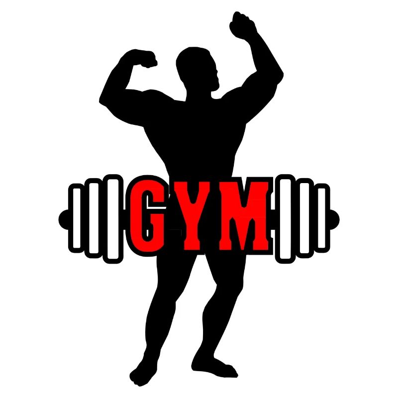 Roter Text "GYM" über Bodybuilder