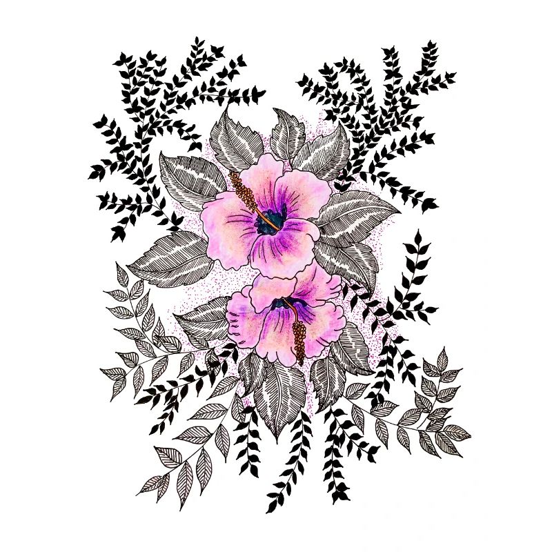 Pink Hibiscus Pattern with Black and White Leaves