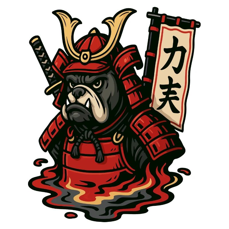 Samurai Bulldog in Fiery Armor