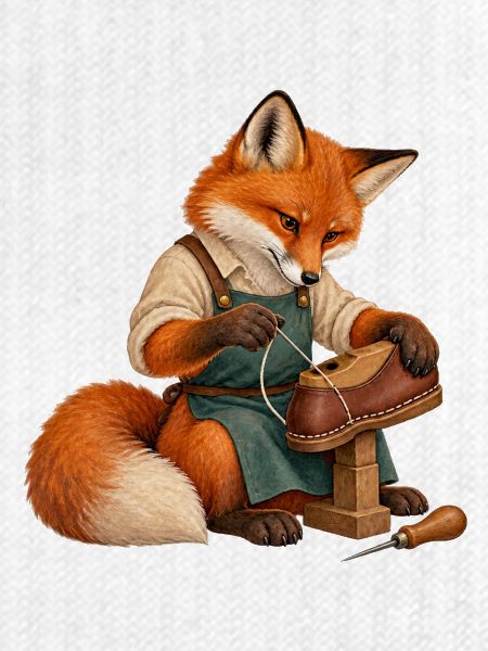 Fuchs näht eine Schuhsohle