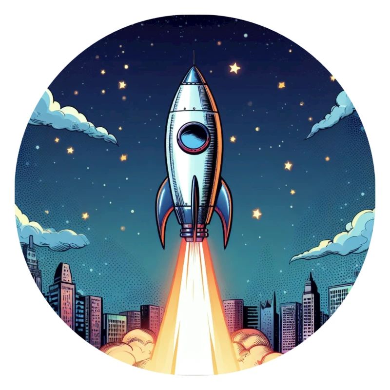Rocket launch into space in front of night sky in comic style