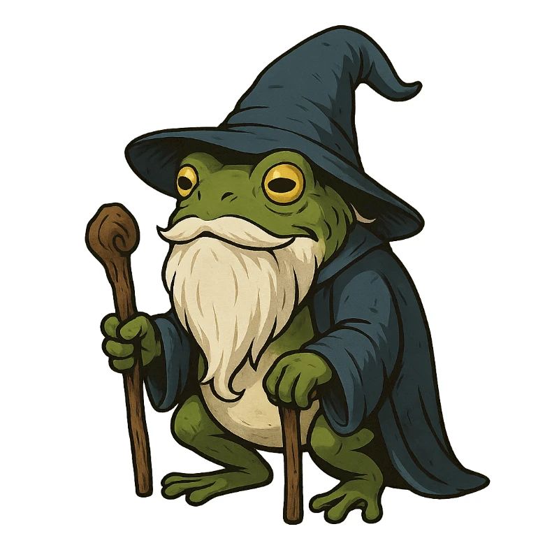Wise bearded frog with magic hat