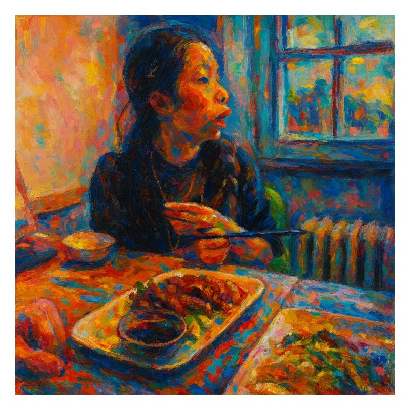 Portrait expressif de la réflexion et du repas