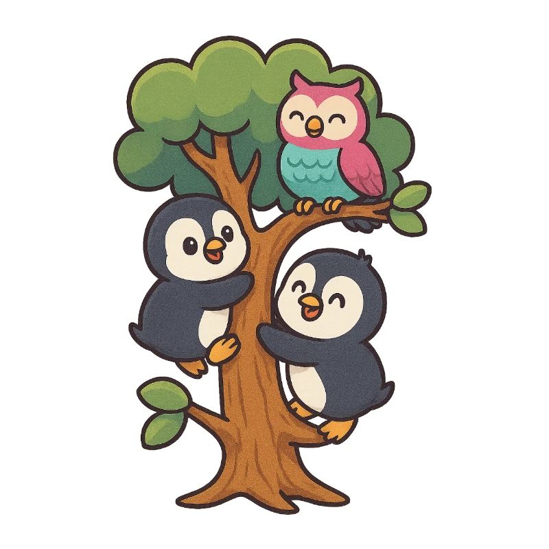 Pinguinbabys klettern auf einen Baum, Eule macht mit