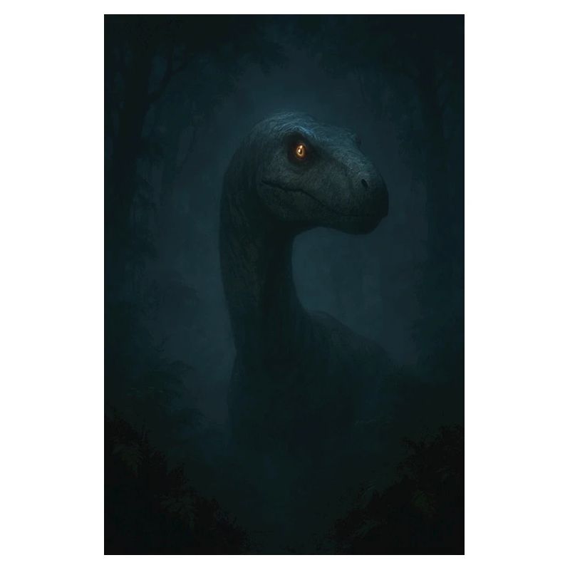 Dino in cloud forest with glowing eye