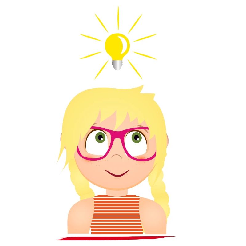 Mädchen mit Brille und einer leuchtenden Glühbirne