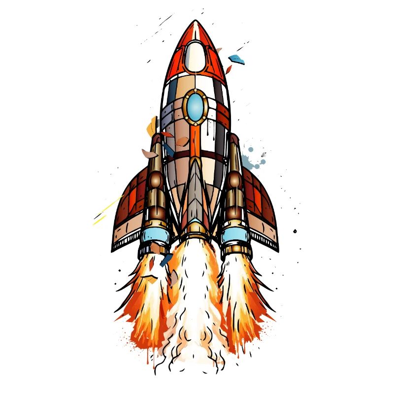 Futuristic rocket on launch in comic style