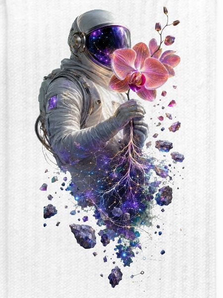Kosmische Astronautin und Orchidee