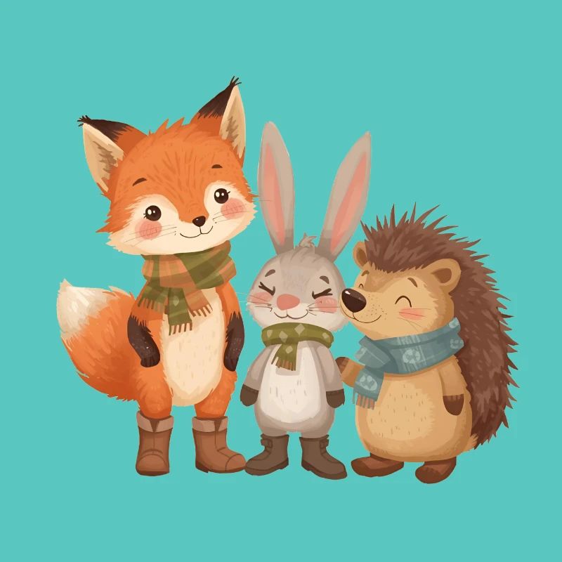 Automne Animaux de la forêt mignons avec écharpe et bottes