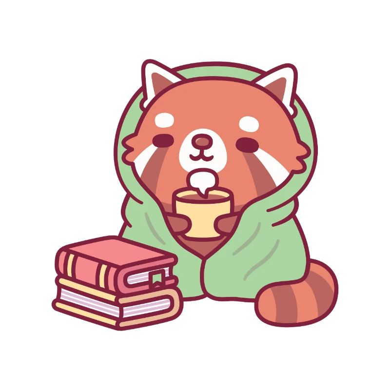 Süßer roter Panda entspannt mit Tee und Büchern