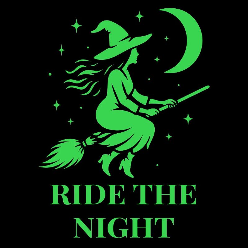 Halloween witch rides through the night with moon