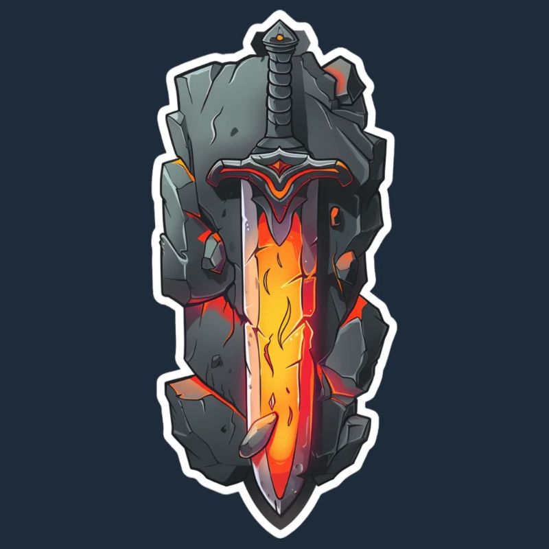 Épée de feu de dessin animé devant un rocher RPG GAme