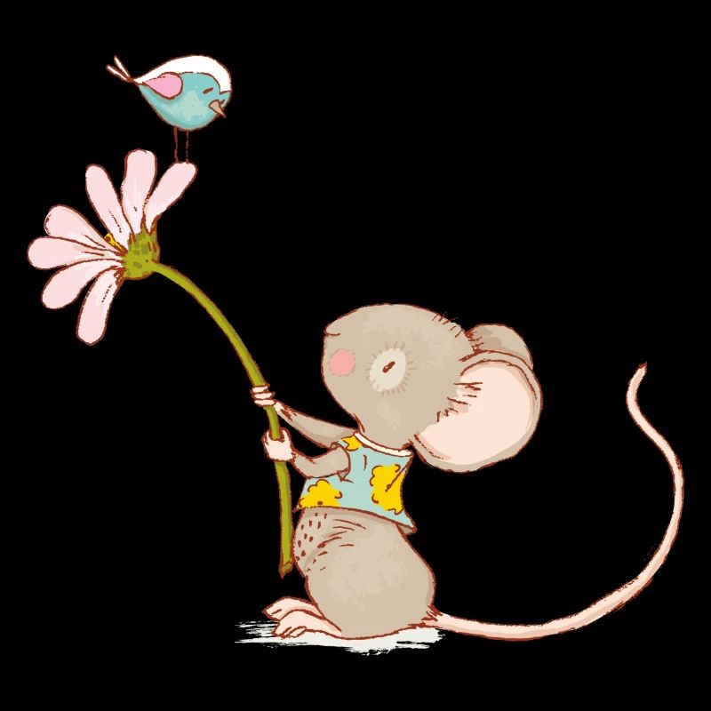 Maus mit Blume und Vogel