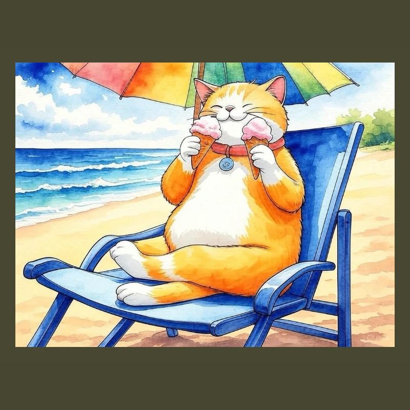Katze am Strand mit Eiscreme