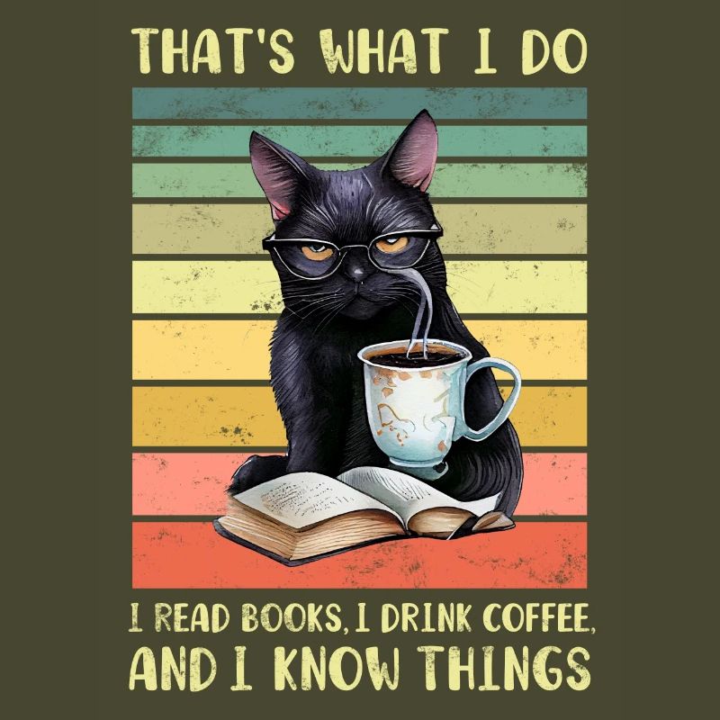 Schwarze Katze mit Kaffee und Buch