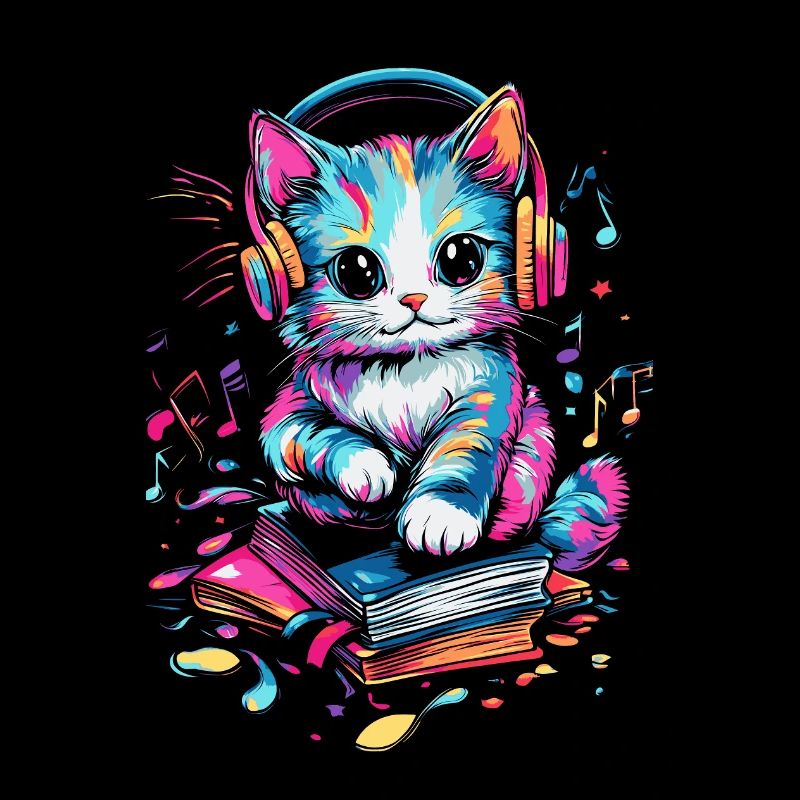 Süße Katze mit Kopfhörern und Bücher