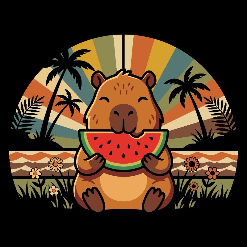 Ours en peaux sur la plage avec pastèque