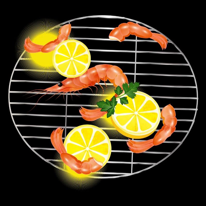Prawns or shrimp with lemons on grill grate
