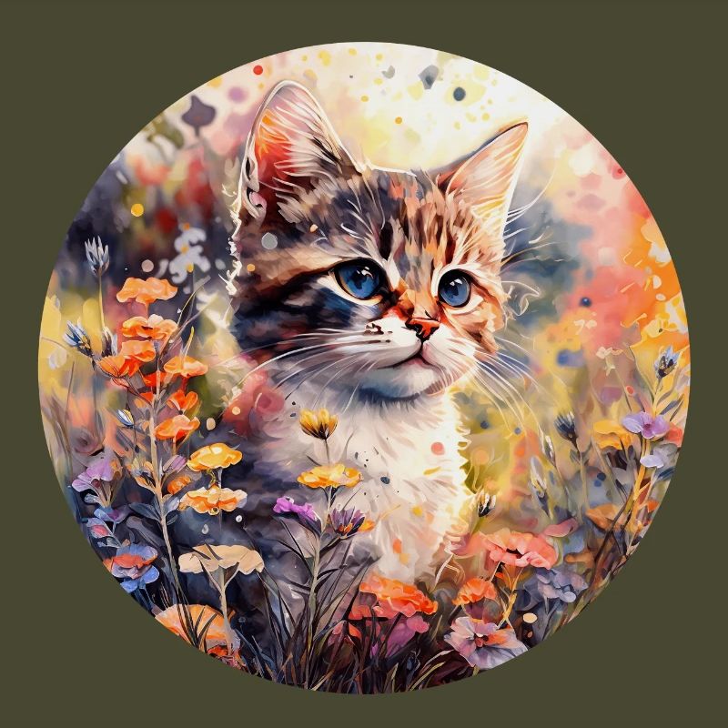 Chat dans un pré fleuri - Aquarelle