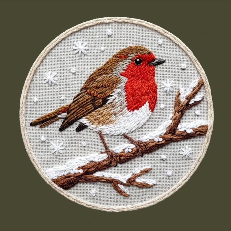 Robin embroidered on a twig (printed)